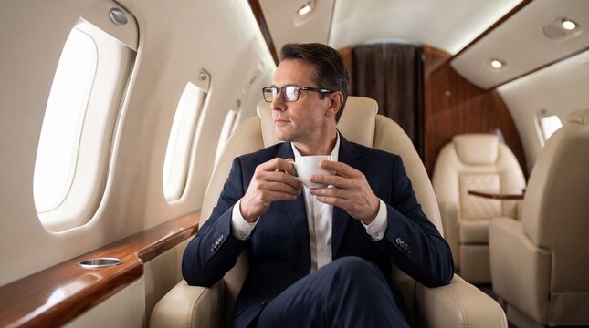Confident Entrepreneur Enjoys Coffee on Private Jet for Business Travel and Global Success