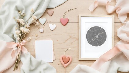 Obraz premium Romantic setup with star chart, hearts, and flowers on wooden table