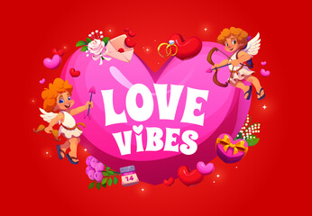 Obraz premium Valentine day quote Love Vibes for greeting card with cupid cherubs, cartoon vector. Heart cake, flowers and love letter envelope with 14 February calendar and lovely cupid angels for Valentine quote