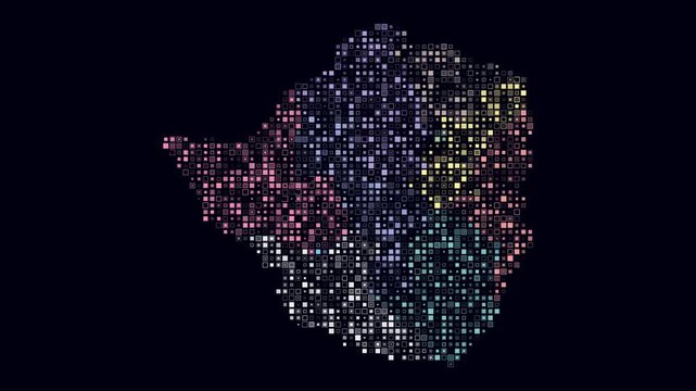 Zimbabwe animated country shape. Pulsating colored dots on the map of the country. Small size square blocks. Digital style Zimbabwe map on dark background. Creative animation video.