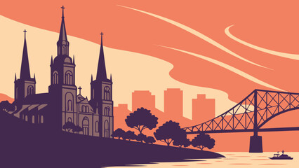 Naklejka premium Capturing cityscapes of new orleans and montreal with contrasting skylines and architectural landmarks suitable for travel blogs and city guides.