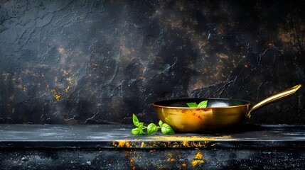 Golden Pan with Basil on Textured Dark Background, Minimalist Cooking
