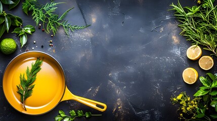 Yellow Pan with Lemons and Fresh Herbs, Minimalist Flat Lay Food Background