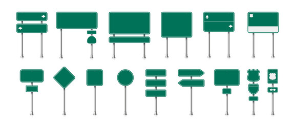 Fototapeta premium Street road green traffic signs and empty highway signboards in different forms such as square, diamond and shield. Vector road signs mockups for location and destination guide