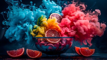 Surreal Halved Citrus Fruits with Colorful Smoke Clouds, Futuristic Art