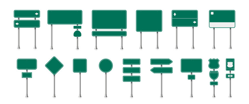Street road green traffic signs and empty highway signboards in different forms such as square, diamond and shield. Vector road signs mockups for location and destination guide