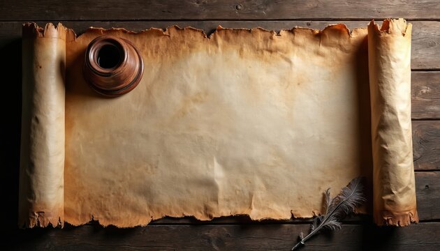 Unrolled aged parchment scroll with inkwell and quill pen on rustic wood table. Empty old paper for text or drawing. Vintage writing tools set.