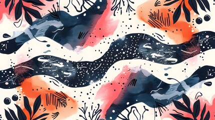 Modern watercolor abstract seamless pattern with blue and orange botanical elements