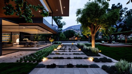 Luxury Modern House with Glass Walls and Designer Garden at Dusk
