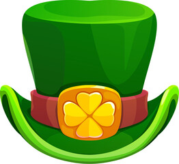 Fototapeta premium Cartoon green leprechaun top hat with curved brim, leather belt and golden buckle featuring a four leaf clover. Vector festive accessory, symbol of Irish culture, luck and St Patrick Day celebration