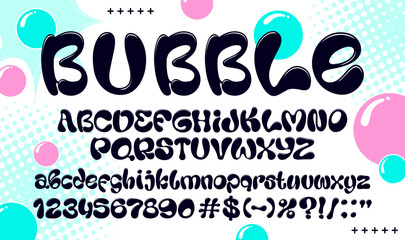 Funky liquid bubble font, groovy wavy type typeface, Y2K alphabet. Y2k bubble vector font, liquid ink typeface. Inflated or funky rounded English alphabet typeset letters, numbers and typography marks