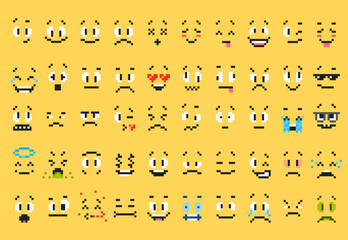 8bit pixel art emoticons, vector emoji icons and cartoon character expression faces. 8 bit pixel emoticons with happy, sad, angry, surprised and crying expression of joy or sadness, anger and laughter