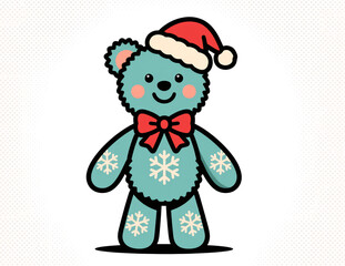 Fototapeta premium Cartoon Christmas teddy bear in holiday attire, snowflake outfit, red bow, Santa hat, cheerful expression, vector illustration.