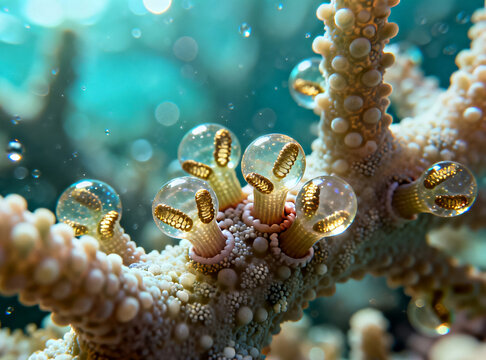 coral polyp intimately interacting with zooxanthellae algae 