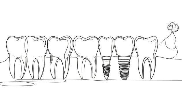 Line drawing of teeth including two implants in jawbone with gumline & a back molar