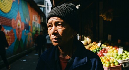 Obraz premium Emotional Portrait of Man Reflecting Real Life Amidst Vibrant Street Art Background