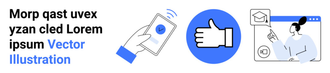 Obraz premium Online education, digital approval, user interaction, identity confirmation, e-learning, user experience. Smartphone with checkmark, thumbs-up icon person on screen. Online education and user