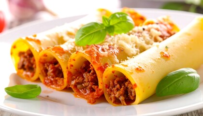 Rolled pasta, filled with meat, in tomato sauce, topped with cheese and basil