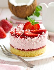 Strawberry & coconut cake with pink cream, jelly & fresh berries