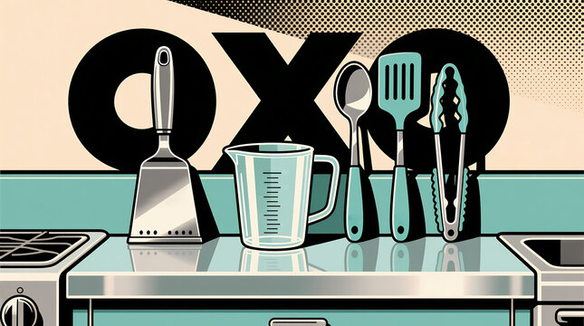 OXO brand cooking utensils displayed on glossy kitchen counter, measuring cup, spatula, tongs, spoon, retro pop art style, teal and silver scheme.