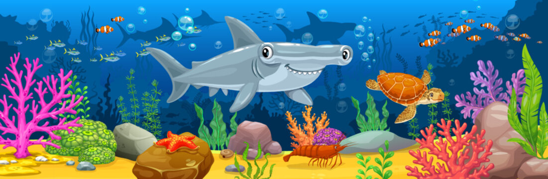 Cartoon hammerhead shark animal and underwater landscape. Vibrant vector seascape with turtle, starfish, seaweed, corals, and tropical fish for game backgrounds and marine kids party