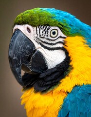 Close-up Vivid macaw portrait shows its detailed feathers, beak and eye