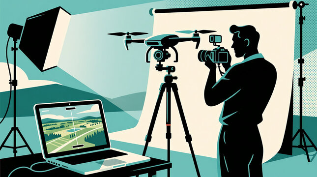 Studio setup with, drone on, laptop showing aerial landscape, lighting equipment, backdrop, tech gear.
