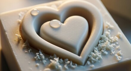 Fototapeta premium A white heart-shaped soap on a square base surrounded by shredded coconut and water droplets, captured from a close-up viewpoint.