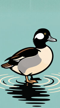 Illustration of a bufflehead duck in stylized pop art, teal background, halftone texture, standing in water with ripples, black and white plumage, orange feet.