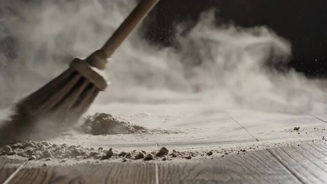 Broom sweeping dust pile