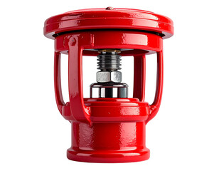 Red metal fire suppression device with exposed screw and chrome accents