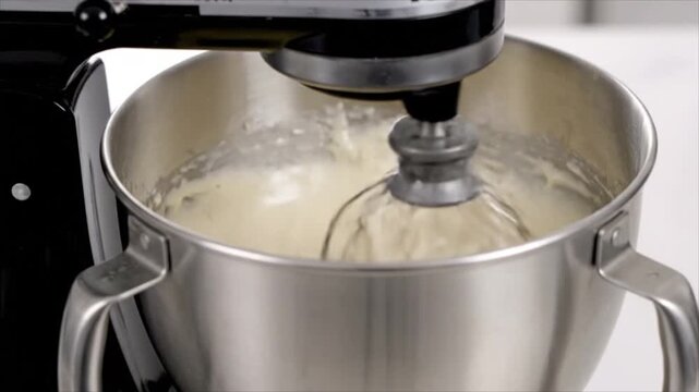 Mixing batter in a stainless steel stand mixer bowl.