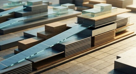 Architectural model of layered structures with glass pathways and light