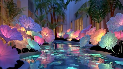 Nighttime view of a fantasy garden with glowing, water-lily-like blooms