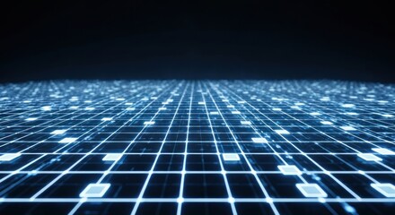 Gridded, illuminated cityscape with a technological, future-forward aesthetic