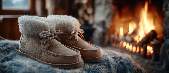 Cozy boots sit before a fireplace on a fluffy blanket