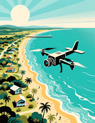 Fototapeta premium Quadcopter drone flying over turquoise ocean, palm shore, beach houses, pier, stylized sunburst, retro illustration.
