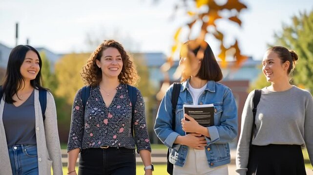 Four Female Students Walking Together on Campus.