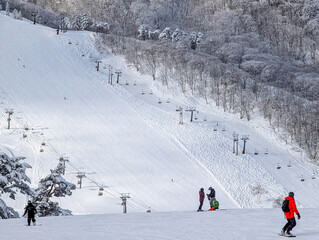 People practicing winter sports on a wide ski run with chairlifts in Nagano, Japan