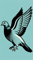 Fototapeta premium Graphic illustration of pigeon in flight, halftone shading, teal background, retro comic style, urban bird, vector art.