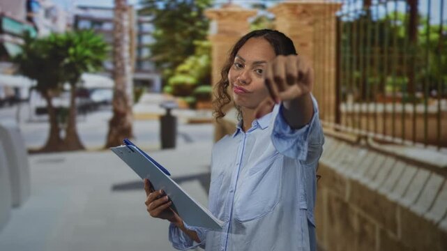 Woman holding a clipboard and papers giving a thumbs down gesture while standing on a city street by a fence and palm trees; disapproval critique.