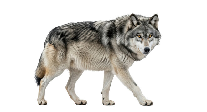 Magnificent gray wolf full body, mid-stride, turning to meet the camera with an intense gaze. Photorealistic studio portrait against a transparent background with copy space. Concept of wild elegance