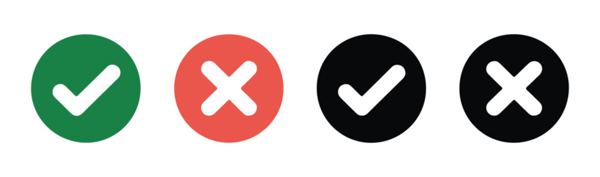 Colored circle icons featuring white check marks and crosses for digital feedback and software status bar