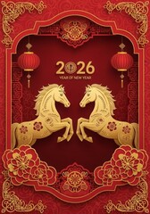 Fototapeta premium Elegant Chinese New Year 2026 illustration with golden horse elements, classic Chinese frame, lanterns, and floral ornaments. Red and gold color palette symbolizing luck, wealth, and happiness for the