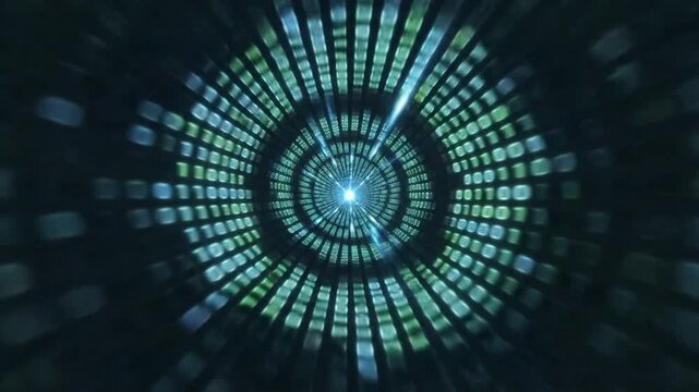 A digital tunnel of binary code, in blue and green, leads to a bright light