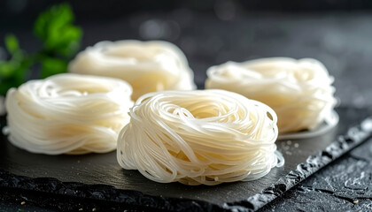 Fermented rice noodles are elegantly arranged in nests on a dark matte stone surface.