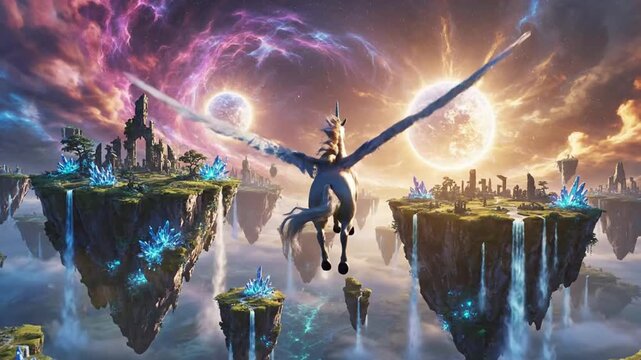 Winged horse flying over floating islands.