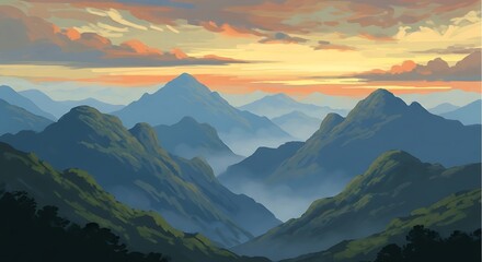 Fototapeta premium Mountain range landscape with sunset sky and foggy valleys