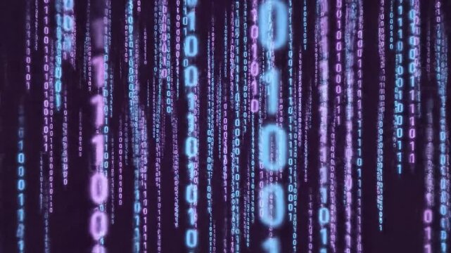 Digital data streams of binary digits cascading down in a neon purple/blue code pattern