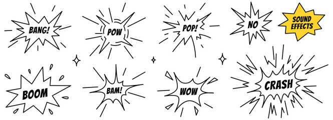 Doodle superhero symbols. Comic sound effects SFX including onomatopoeia text elements for action scenes. Hand drawn icon set. Vector illustration isolated on a white background